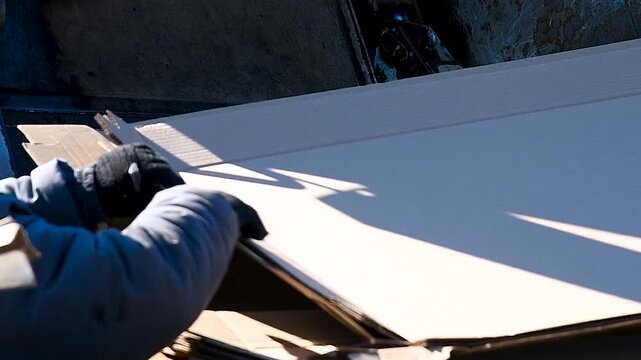Workers dispose of the cardboard packaging for further recycling and reuse.