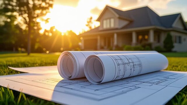 住宅の前に広げられた設計図と巻かれた図面が理想の住まい計画を示す情景