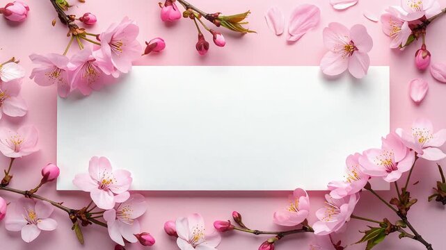 淡い桜色の花々に囲まれた横長の余白が印象的な春の背景デザイン