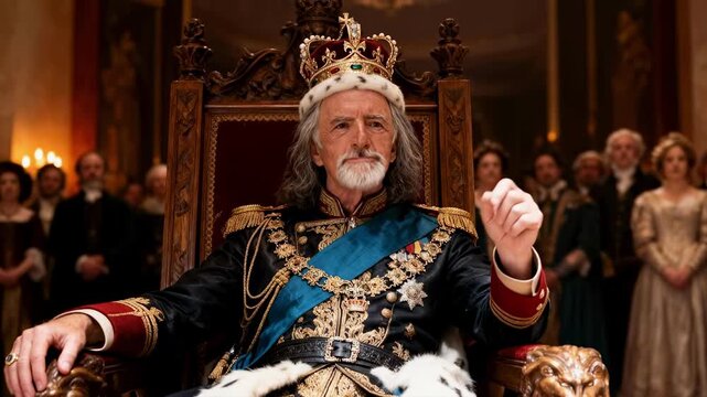 Senior king sitting on an ornate throne wearing a crown and royal uniform. Monarch gesturing and shouting a decree to his court in a palace. Historical leadership and power concept