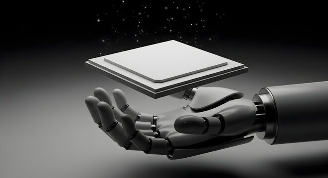 Robotic hand presenting a generic digital processing unit or platform against a dark, futuristic background.