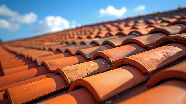 赤茶色の瓦屋根が連なる住宅街の屋根景観を見上げた建築風景