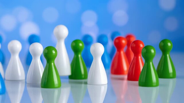 色分けされた人型コマが整列し社会の中の役割や立場の違いを示す構図