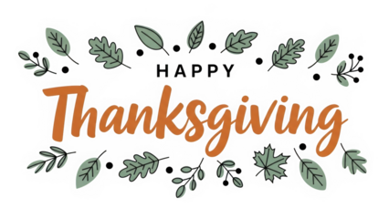 Happy Thanksgiving hand lettering design surrounded by autumnal green leaves and berries for holiday greetings