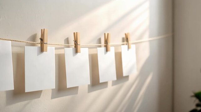 洗濯ばさみに吊るされた複数の白い紙が整然と並ぶミニマル背景
