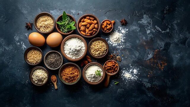 多様な香辛料と食材が並ぶ俯瞰構図が料理の奥深さを伝える場面