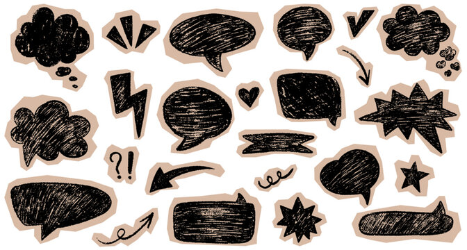 Scrapbook speech bubble set. Crayon torn paper bubble shapes. Hand drawn chalk pencil balloon for dialogue, message and text. Vector chalk pencil background talk speech bubble frame.