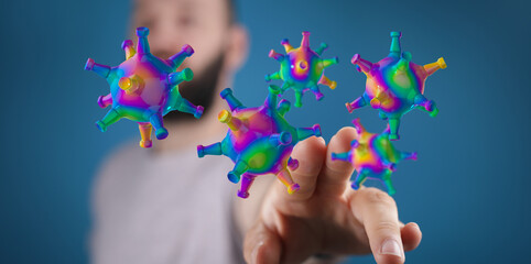 Abstract colorful virus particles with a hand, conceptual image of the digital world, science, healthcare and