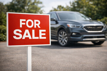 For Sale Sign in Front of Car, Vehicle Sale and Automotive Marketplace Concept