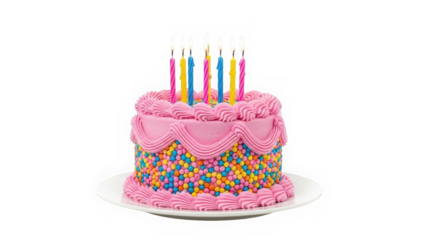 Delicious Pink Frosted Birthday Cake Covered in Rainbow Sprinkles with Many Burning Colorful Candles Isolated on White Background