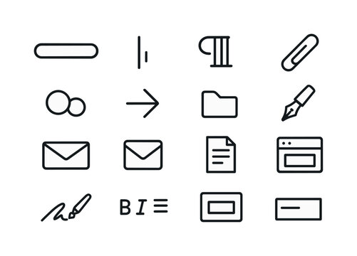 Email Icon Set. Email writing essentials. Line icon set of Email writing essentials: subject line bar, text cursor, paragraph icon, attachment clip, CC/BCC