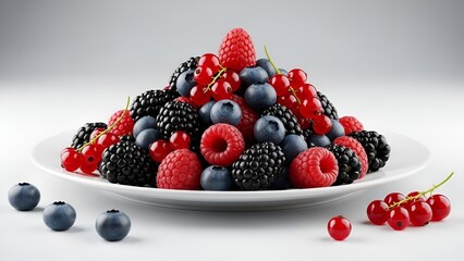 A vibrant assortment of fresh berries piled high on a white plate.
