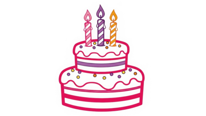 Two-tiered pink and white illustrated birthday cake with three burning candles and colorful sprinkles decoration