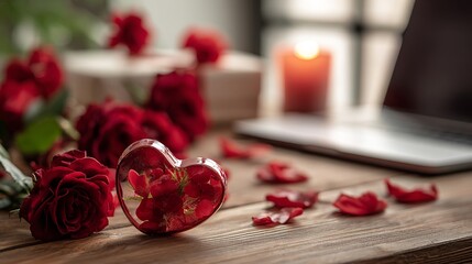 A romantic setup with red roses, a heart-shaped decoration, and a lit candle on a wooden table