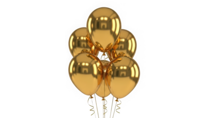 Shiny gold metallic balloons bunch with ribbons isolated on white background for festive celebration and party decoration