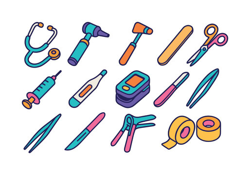 Colorful Doctor Tools Icons. Doctor?s tools. Colorful isometric vector icons set of doctor?s tools: stethoscope, otoscope, reflex hammer, tongue depressor,