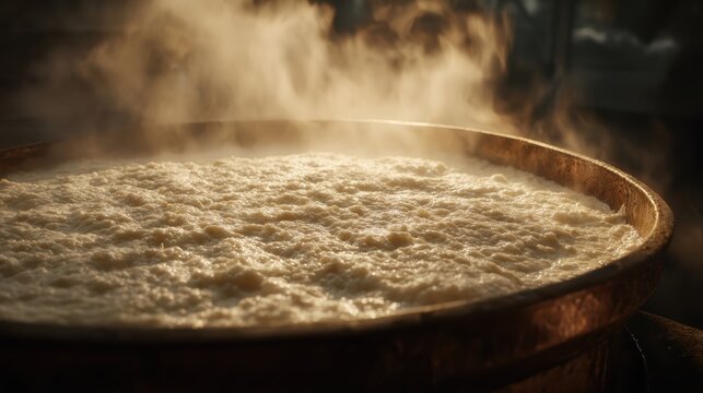 Steaming Brew: A close-up view of a large, circular vessel filled with a bubbling, steaming liquid, its rich texture and enticing aroma evoking a sense of traditional craftsmanship.