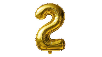 Gold foil balloon number 2 isolated on white background for second birthday or anniversary event decoration
