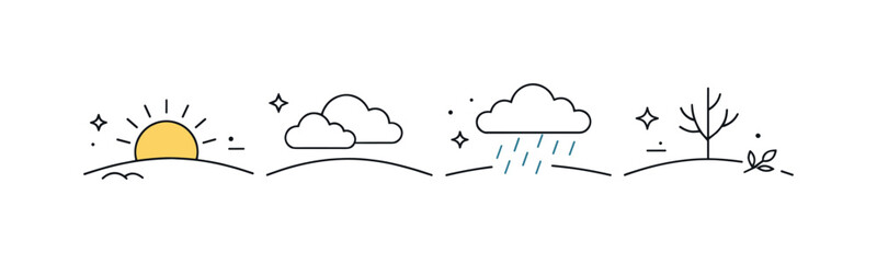 Fototapeta premium Seasonal Transition Illustration. Season change. Minimal horizon with sun, clouds, and light rain appearing in sequence, symbolizing shifting seasons. Peaceful