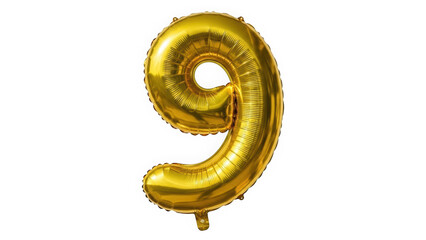 Shiny gold metallic foil balloon number 9 isolated on white background for ninth birthday or anniversary celebration