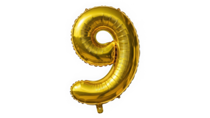 Shiny gold metallic foil balloon number 9 isolated on white background for ninth birthday or anniversary celebration