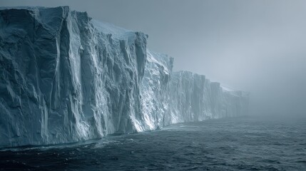 Massive iceberg wall rising from the sea in cold blue white tones with misty air, sharp ice crevices, and dramatic natural scale.
