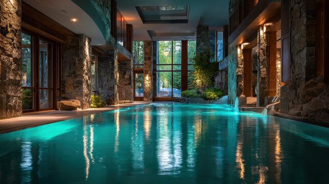 Luxury indoor spa pool with turquoise water, wood and stone architecture, large windows to greenery, soft ambient light, and calm cinematic reflections.
