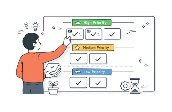 Feature Prioritization Illustration. Feature prioritization. Product owner organizing feature cards by importance on a simple roadmap board. Thoughtful