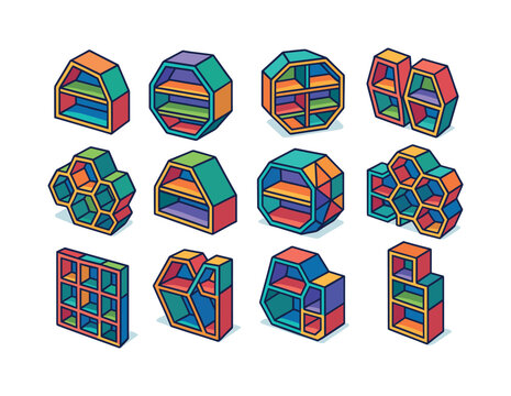 Colorful Polygon Bookshelves. Polygon bookshelf. Colorful isometric vector icons set of polygon bookshelf: pentagon frame shelf, octagon shelf, decagon rack,