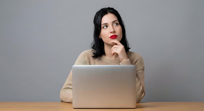Young Hispanic businesswoman in beige sweater thinking while working on laptop at wooden desk, contemplating business decisions in modern office setting.