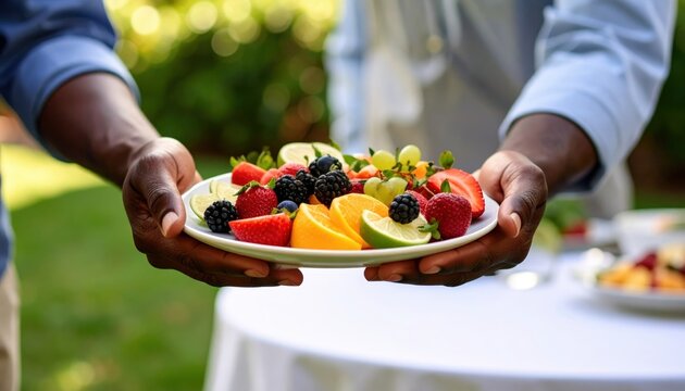 Two people offering a platter of fresh mixed fruit salad outdoors in a garden setting with blurred green background and soft natural light - Powered by Adobe
