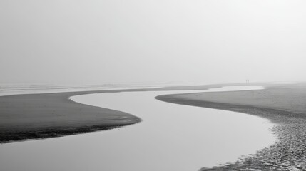 Serene River's Bend: A tranquil monochrome landscape depicts a river meandering gracefully through a hazy, ethereal atmosphere. Emphasizing the subtle beauty of nature's simple elegance.