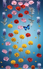 Fototapeta premium Colorful flowers and a blue butterfly float gracefully against a serene, gradient sky.