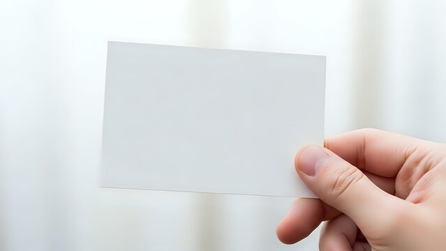 Hand holding blank white business card mockup template for branding design projects and corporate identity presentations.