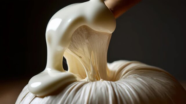 Fresh cheese being pulled apart in a kitchen setting during the afternoon with natural light