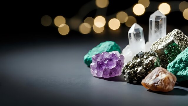 Collection of healing crystals and gemstones including amethyst, malachite, pyrite and clear quartz arranged on dark surface with warm bokeh lights.