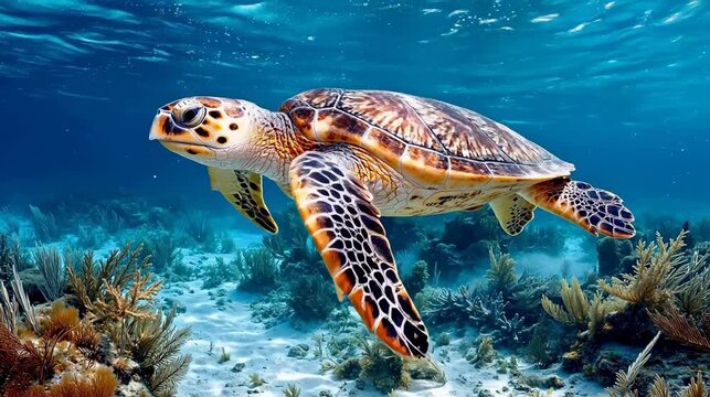 Sea turtle swimming in coral reef
