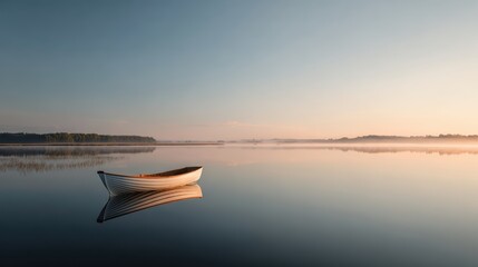Solitary Boat on Tranquil Waters: A serene dawn unveils a small boat gently afloat upon glass-like water. The calm surface mirrors the soft hues of the sunrise, creating a scene of peaceful solitude.