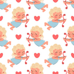 Seamless pattern Valentine Day cherub doodle set, vector hand drawn love collection, cute cupid . Vector romantic coquettish scribble, ribbon bow arrow baby angel. Cartoon Valentine doodle