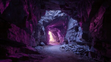 Mysterious Passage: A captivating scene unveils a dim tunnel or cave with walls illuminated by a mix of neon hues, leading towards a mysterious, radiant portal of light. 
