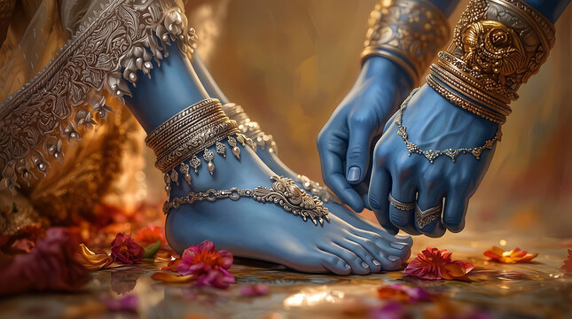 Close up of lord krishna blue feet wearing traditional silver anklets and jewelry with flower petals on floor for hinduism spiritual background wallpaper design