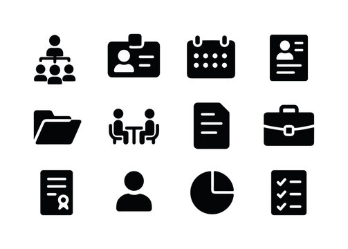 HR Icons Grid. HR management. Solid icon set of HR management: team structure, ID card, calendar, resume, folder, interview icon, document,
