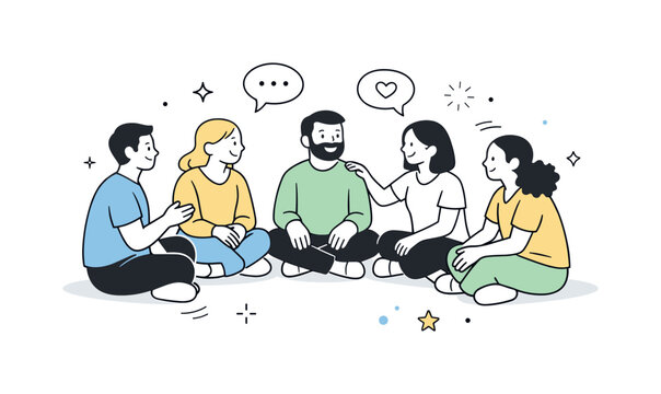 Supportive Circle Gathering. Peer support circle. Participants sitting in a circle, exchanging thoughts and encouragement. Emotional connection and collective