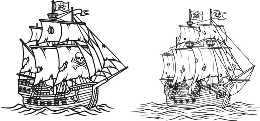  coloring book A pirate ship sailing on calm waves  line art  in black and white in white background 