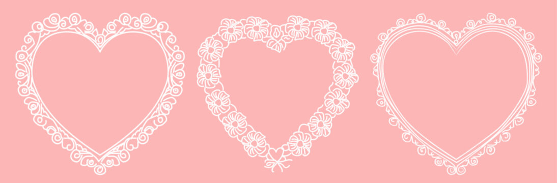 Romantic whimsical lace heart frames set with floral and scroll borders isolated on background. Valentine cards, wedding invitations, love notes, logos, scrapbooking and feminine graphics. Vector.