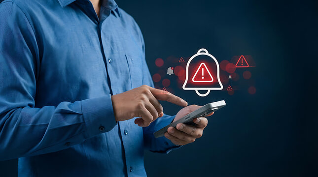 Emergency security notification concept with man holding smartphone displaying red alert bell icon for urgent system warning or danger message