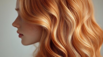 Fototapeta premium Young Caucasian woman with luxurious wavy copper blonde hair in profile view showcasing professional salon styling and hair color techniques.