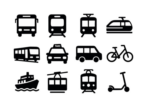 Transit Icon Grid. Transit vehicles. Solid icon set of Transit vehicles: bus, subway train, tram, monorail, light rail, taxi, shuttle van, bike share, ferry,