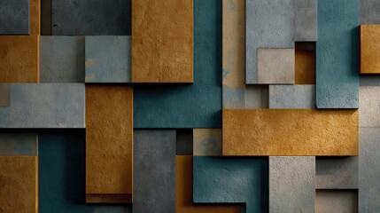 Modern geometric wall of interlocking teal, gray and mustard panels with clean edges, subtle layered shadows and a refined interior design feel.
