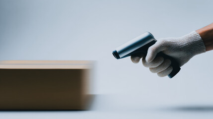 Hand in protective glove scanning a fast-moving cardboard box with a barcode reader, illustrating fast logistics, shipping, delivery, inventory, and supply chain management.